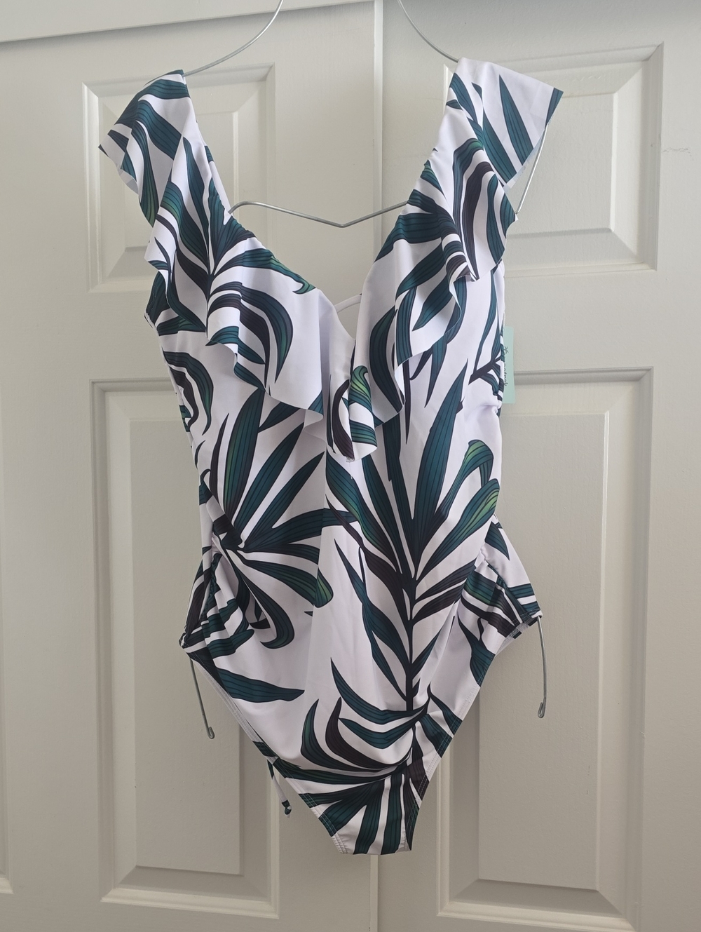 Tropical Ruffle V-Neck Maternity  Swimwear  in White with Green Leaf Print
